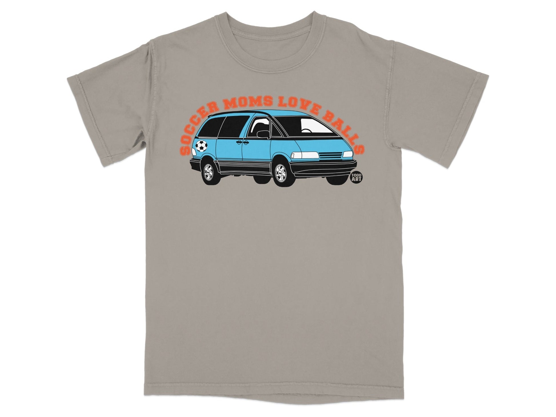 Blue minivan with "SOCCER MOMS LOVE BALLS" text and soccer ball design.