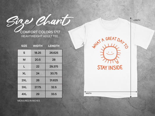 Comfort Colors 1717 heavyweight adult tee size chart with width and length measurements.