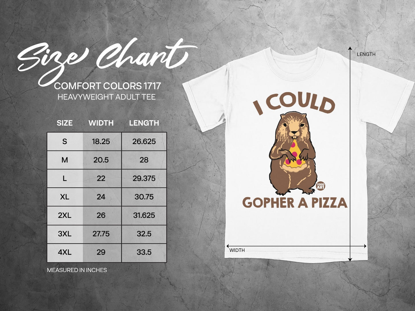 Size chart for Comfort Colors 1717 heavyweight adult tee with gopher graphic.