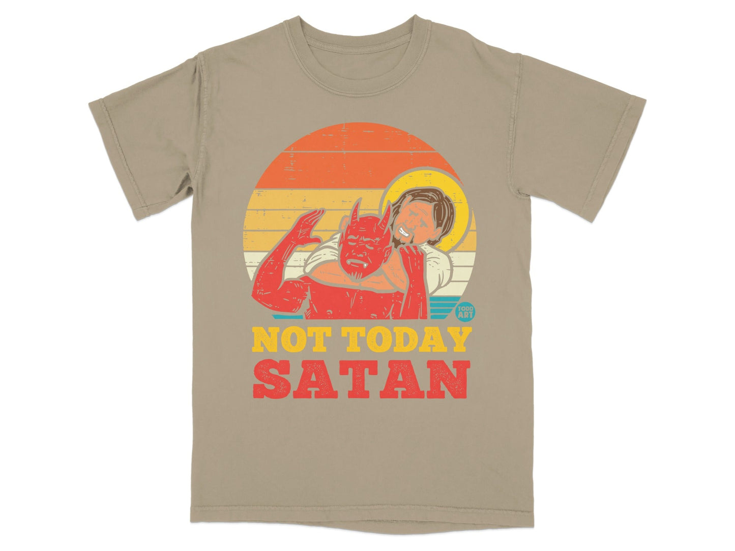 T-shirt with "Not Today Satan" graphic featuring Jesus and a devil.