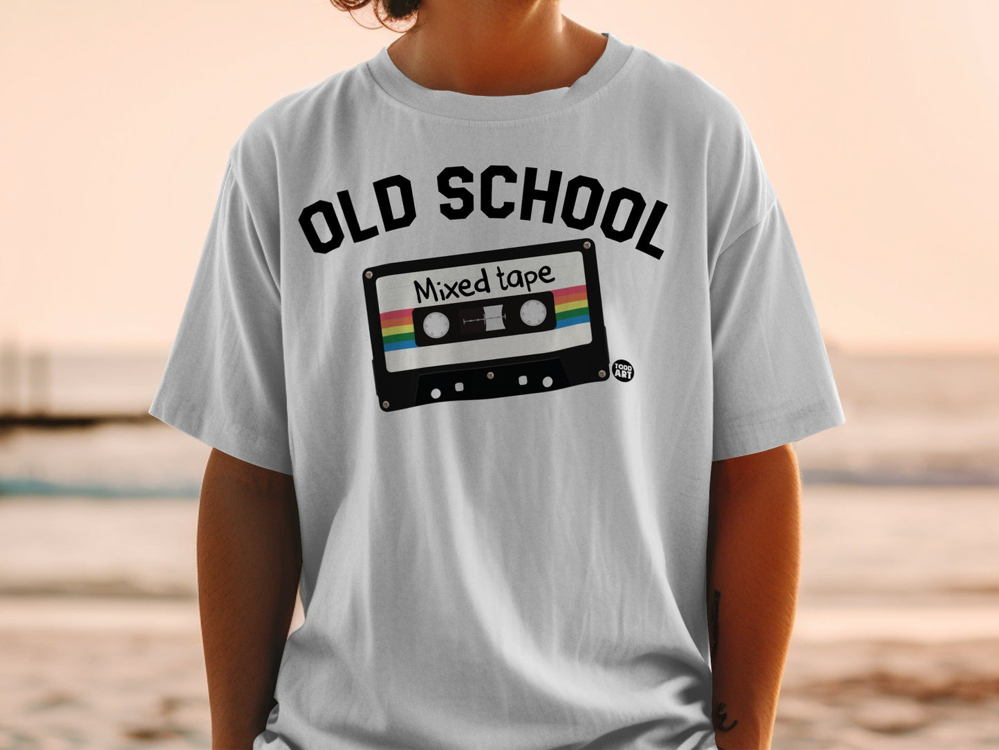White t-shirt with "OLD SCHOOL Mixed tape" graphic featuring a cassette tape.