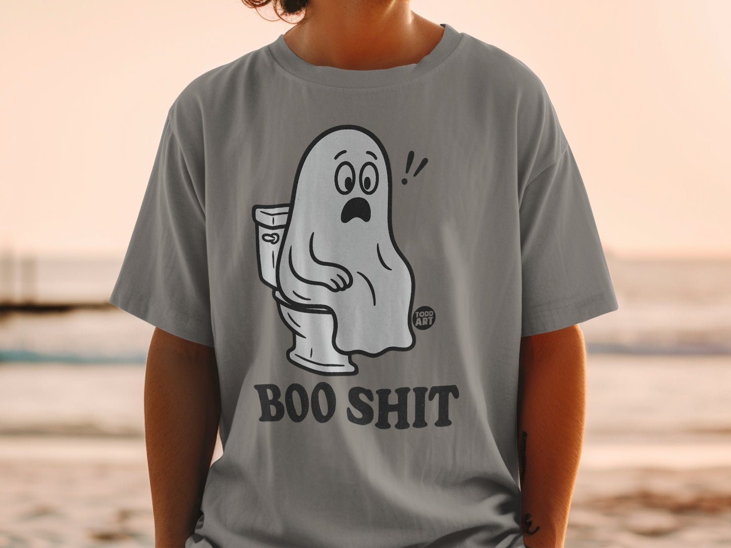 Gray t-shirt with ghost on toilet, "BOO SHIT" text.