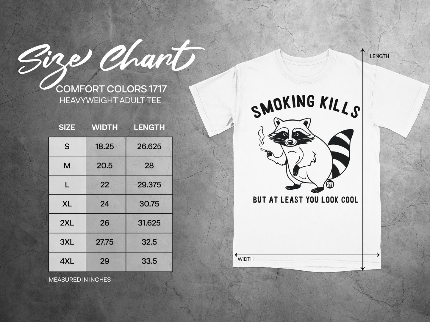 Comfort Colors 1717 size chart for heavyweight adult tees with t-shirt graphic.