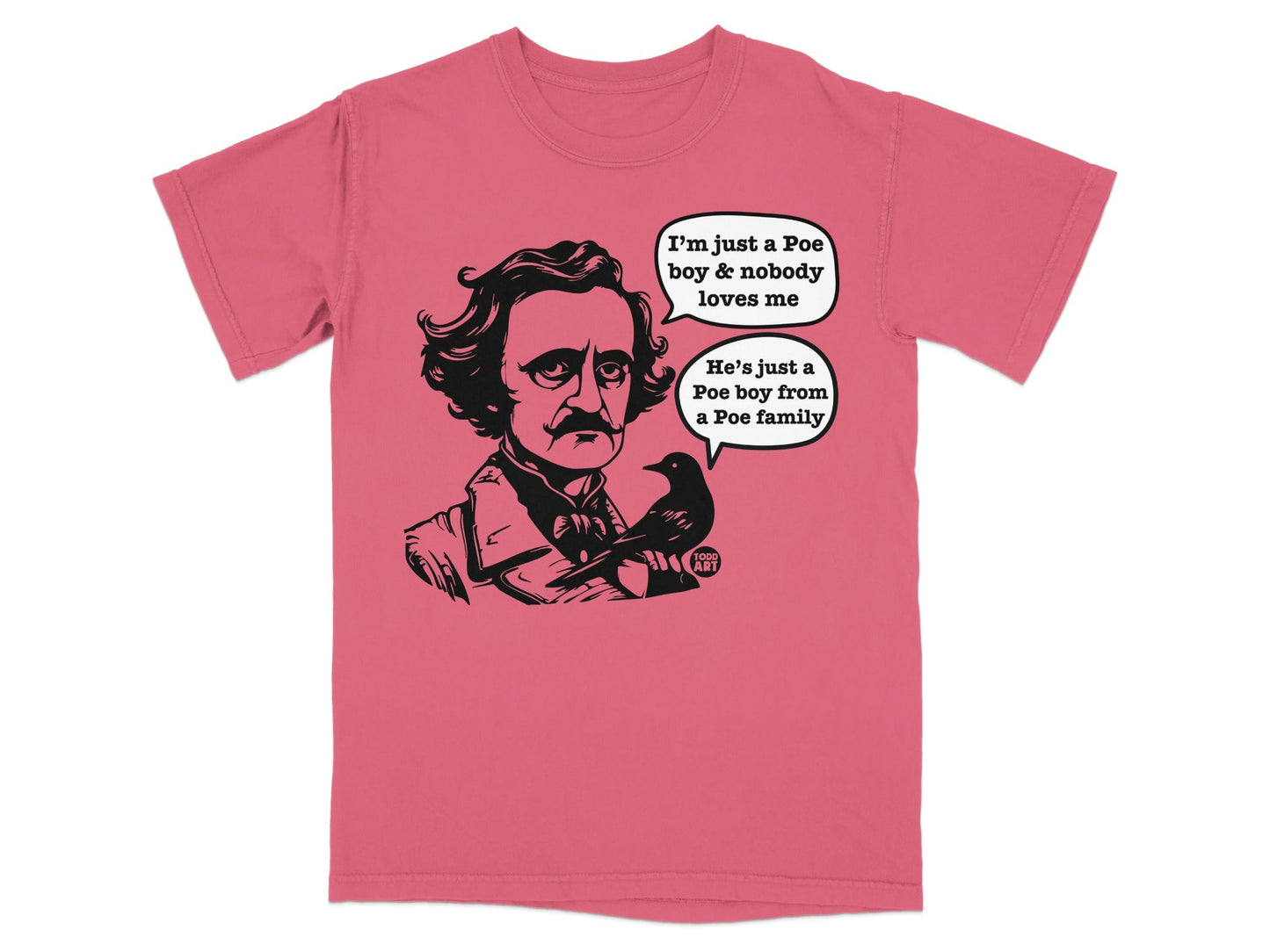 Edgar Allan Poe with a raven, speaks dialogue about being a "Poe boy".