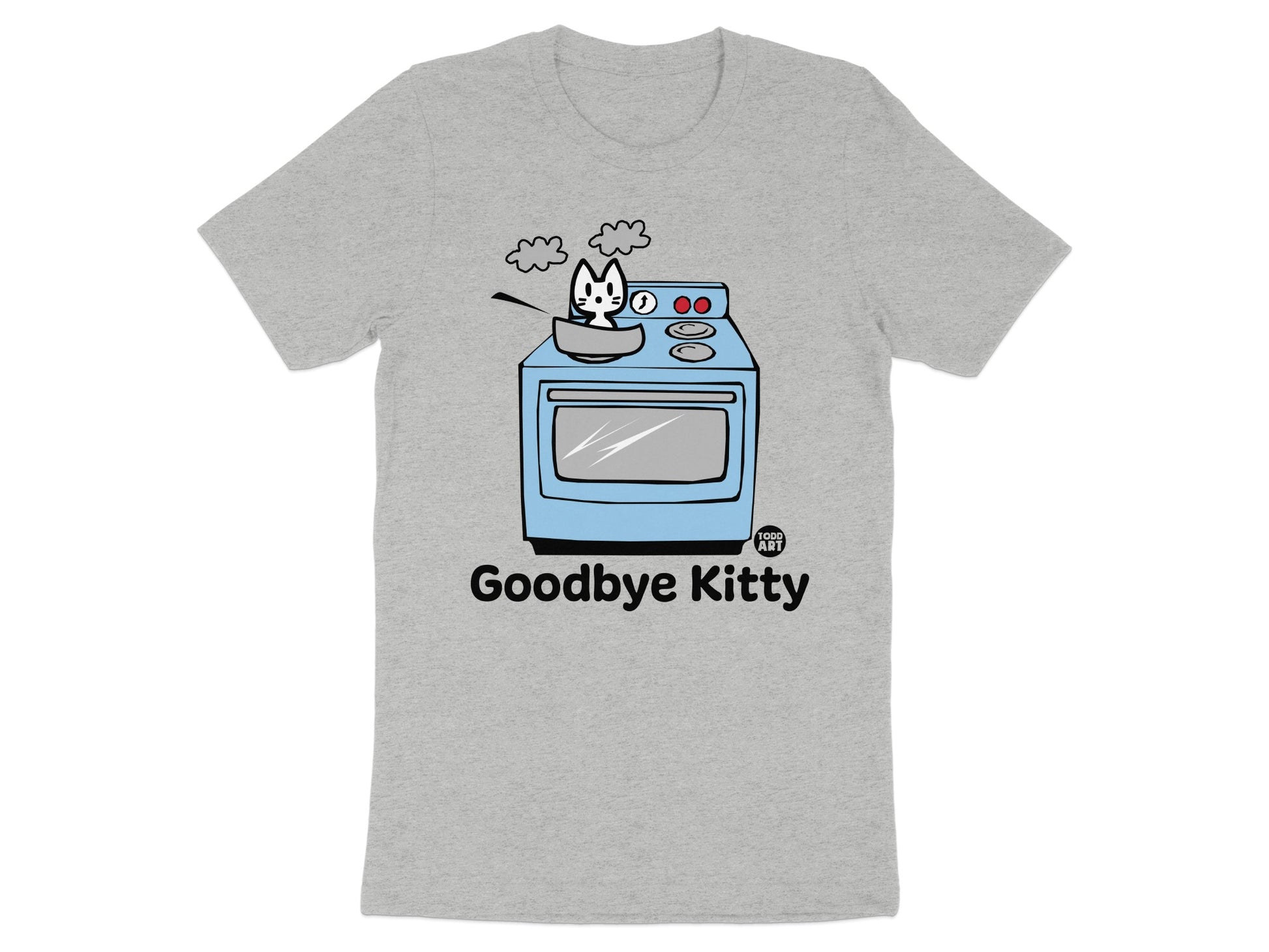 Goodbye Kitty Cat Graphic on Blue Oven T-shirt