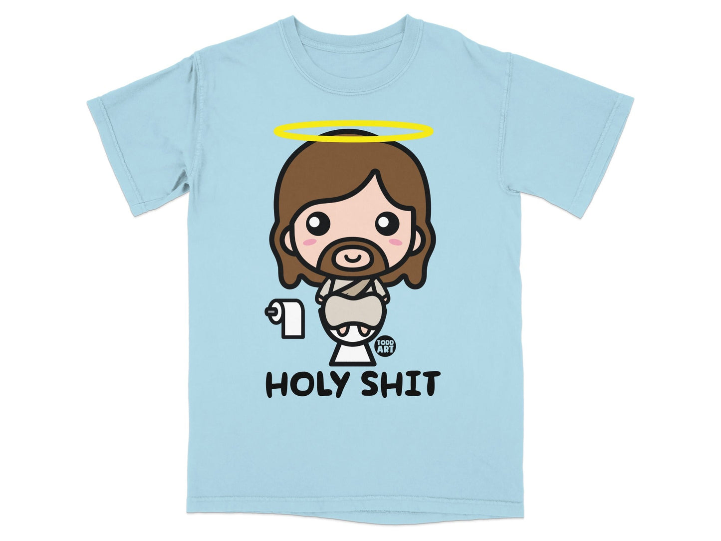 Light blue t-shirt with cartoon Jesus and "HOLY SHIT" text.