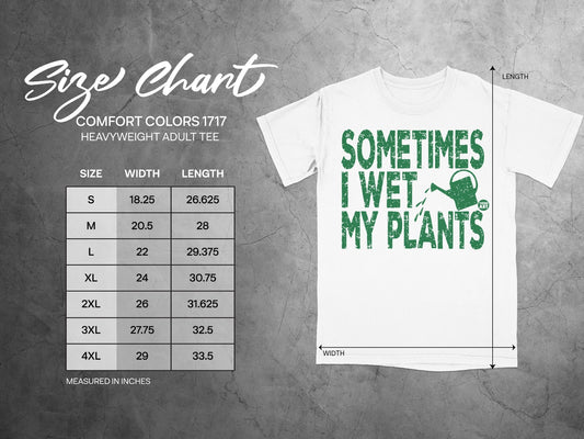 Size chart for Comfort Colors 1717 heavyweight adult tee, with measurements.
