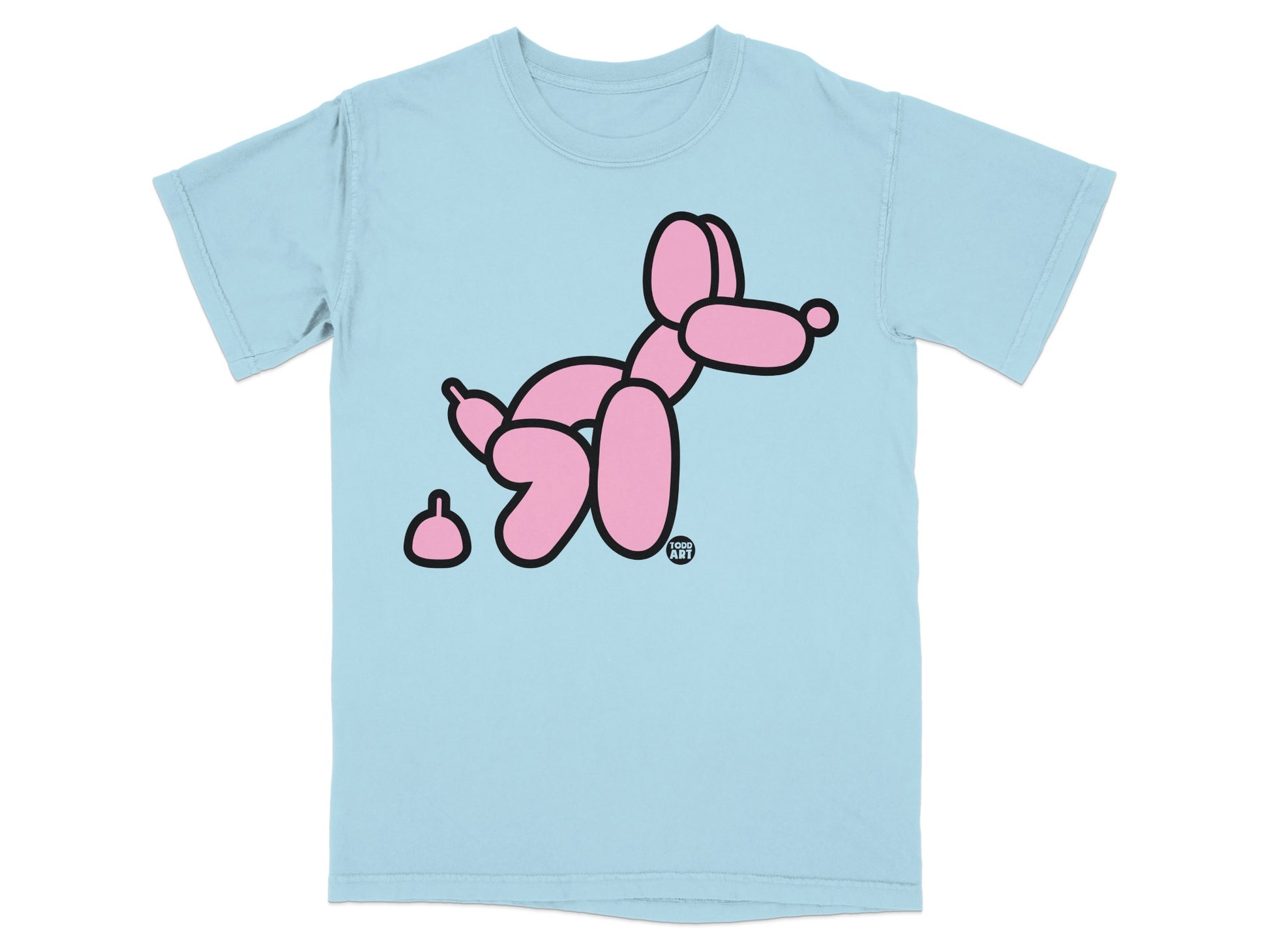 Light blue t-shirt with a pink balloon dog and poop emoji design.