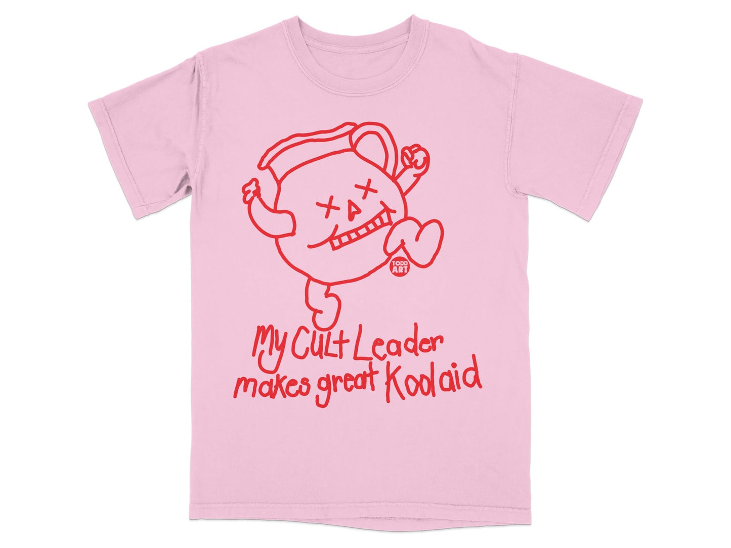 Pink t-shirt with red Kool-Aid Man graphic and text "My Cult Leader makes great Koolaid".