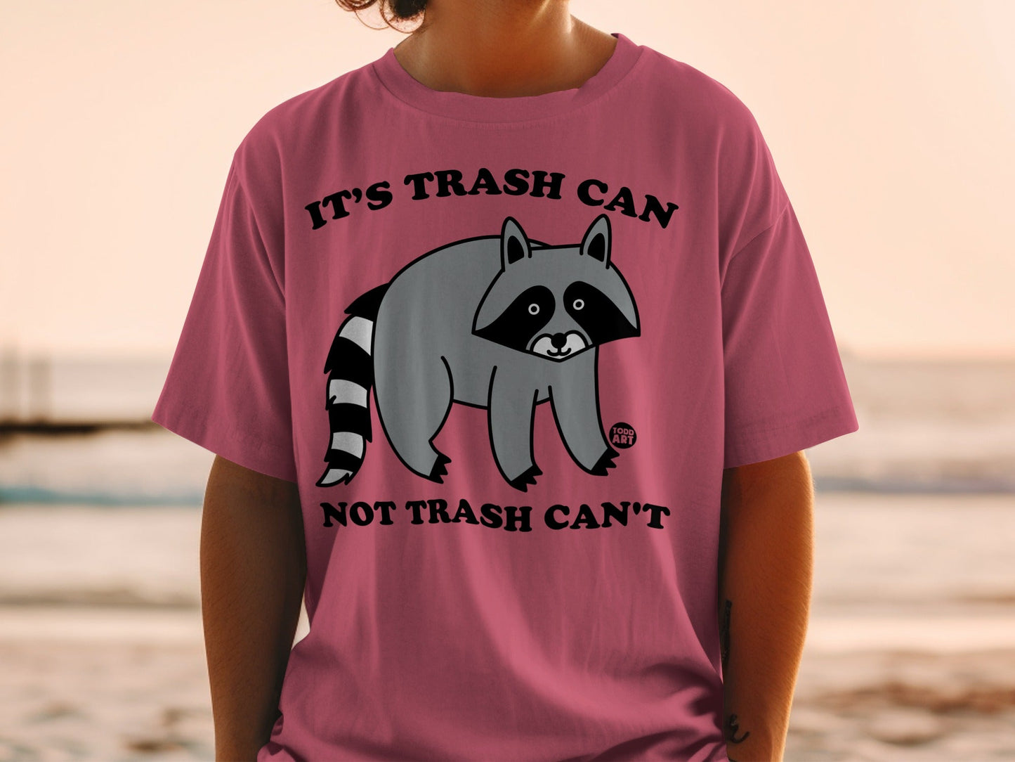 T-shirt with raccoon graphic and text "IT'S TRASH CAN NOT TRASH CAN'T".