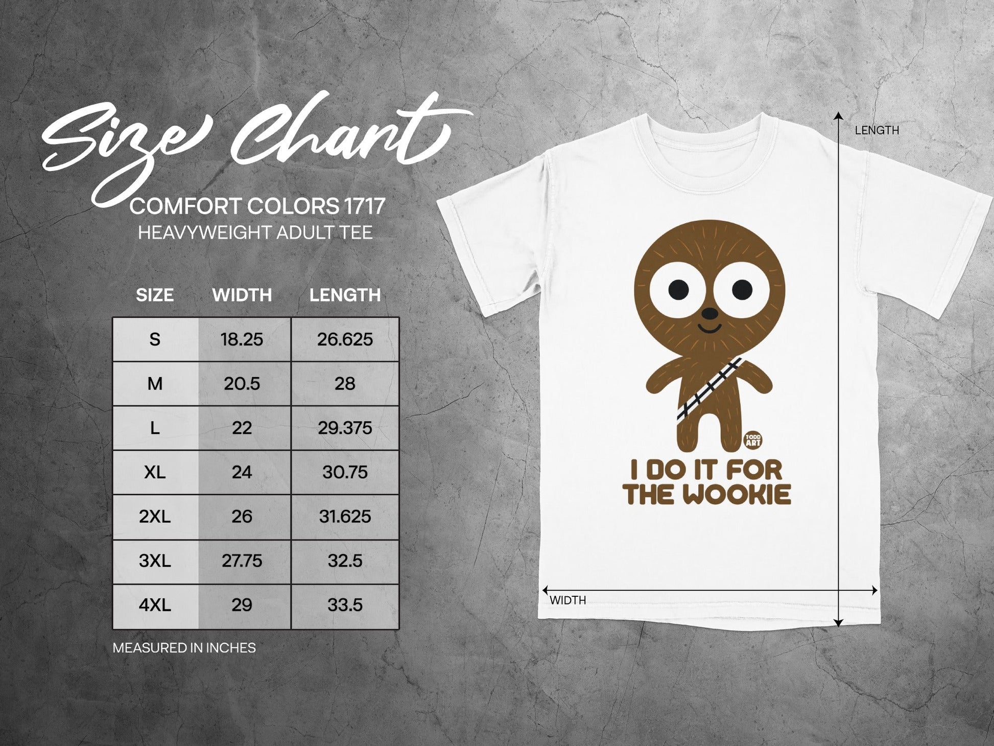 Size chart for heavyweight adult tee showing width and length measurements.