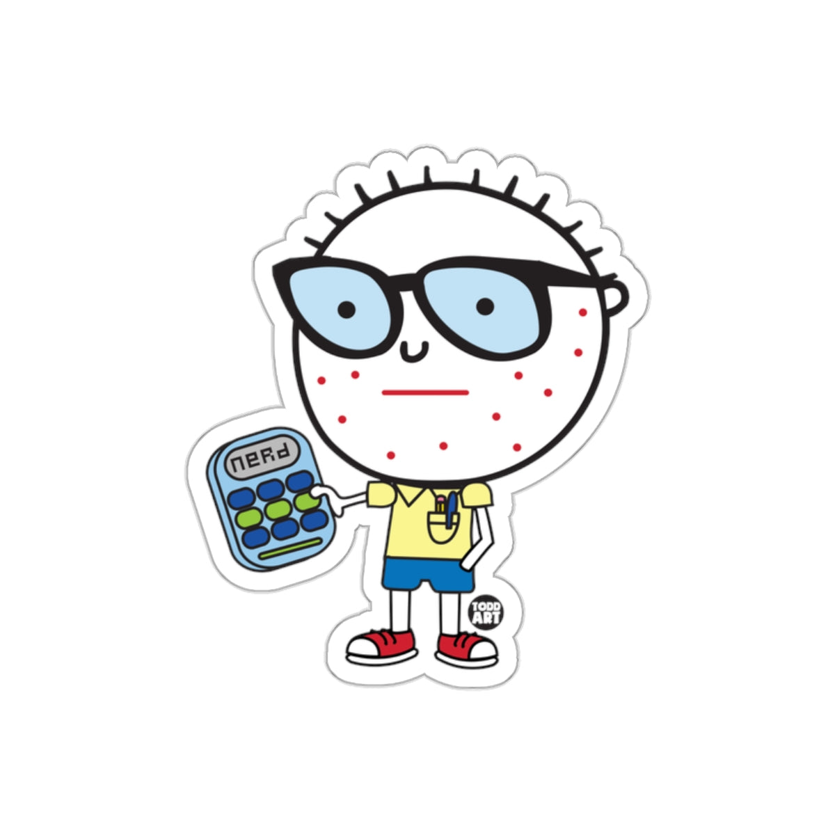 Cartoon Nerd with Calculator Black Background sticker