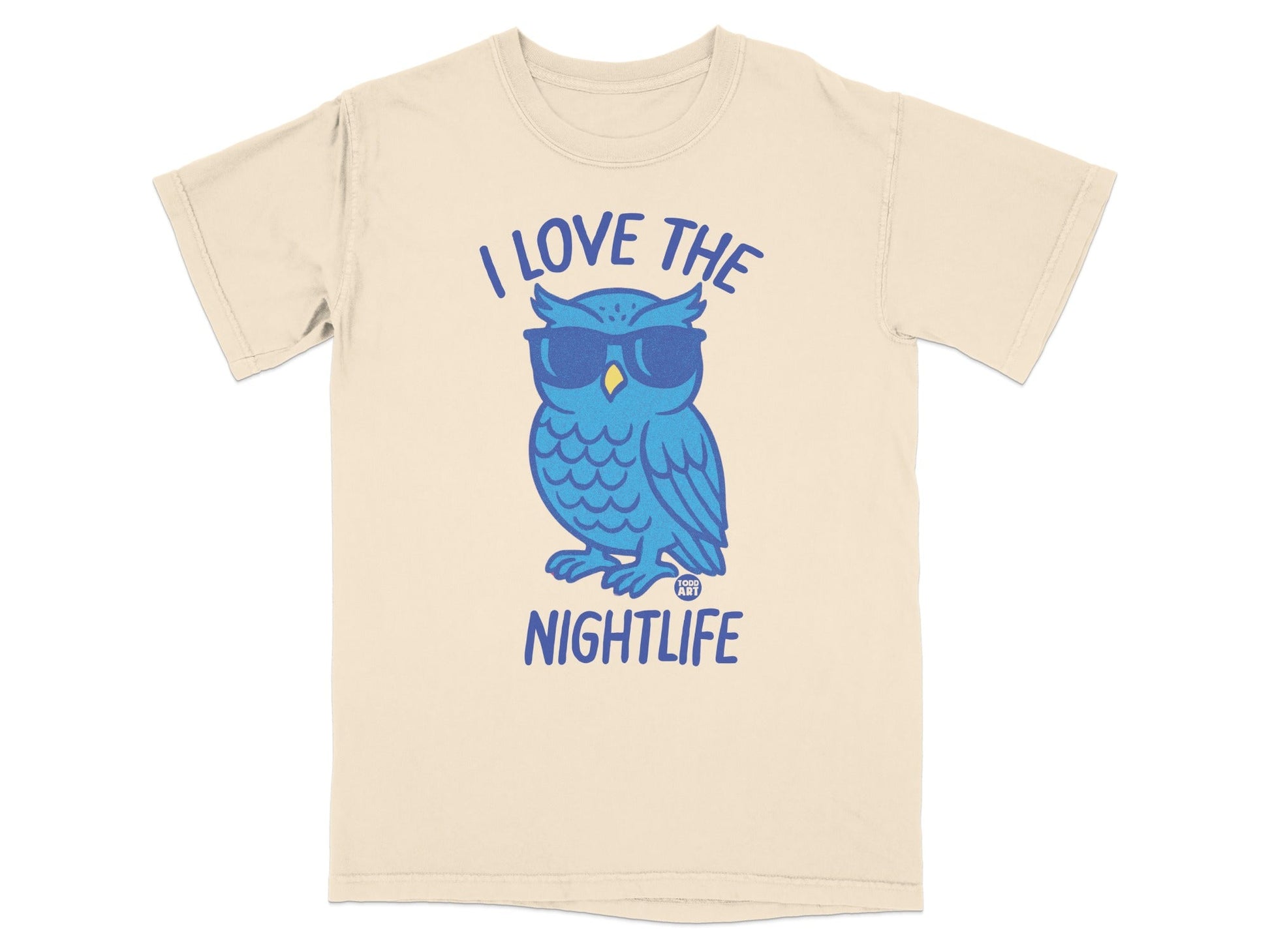 Cream t-shirt with a blue owl wearing sunglasses and text that reads "I LOVE THE NIGHTLIFE".