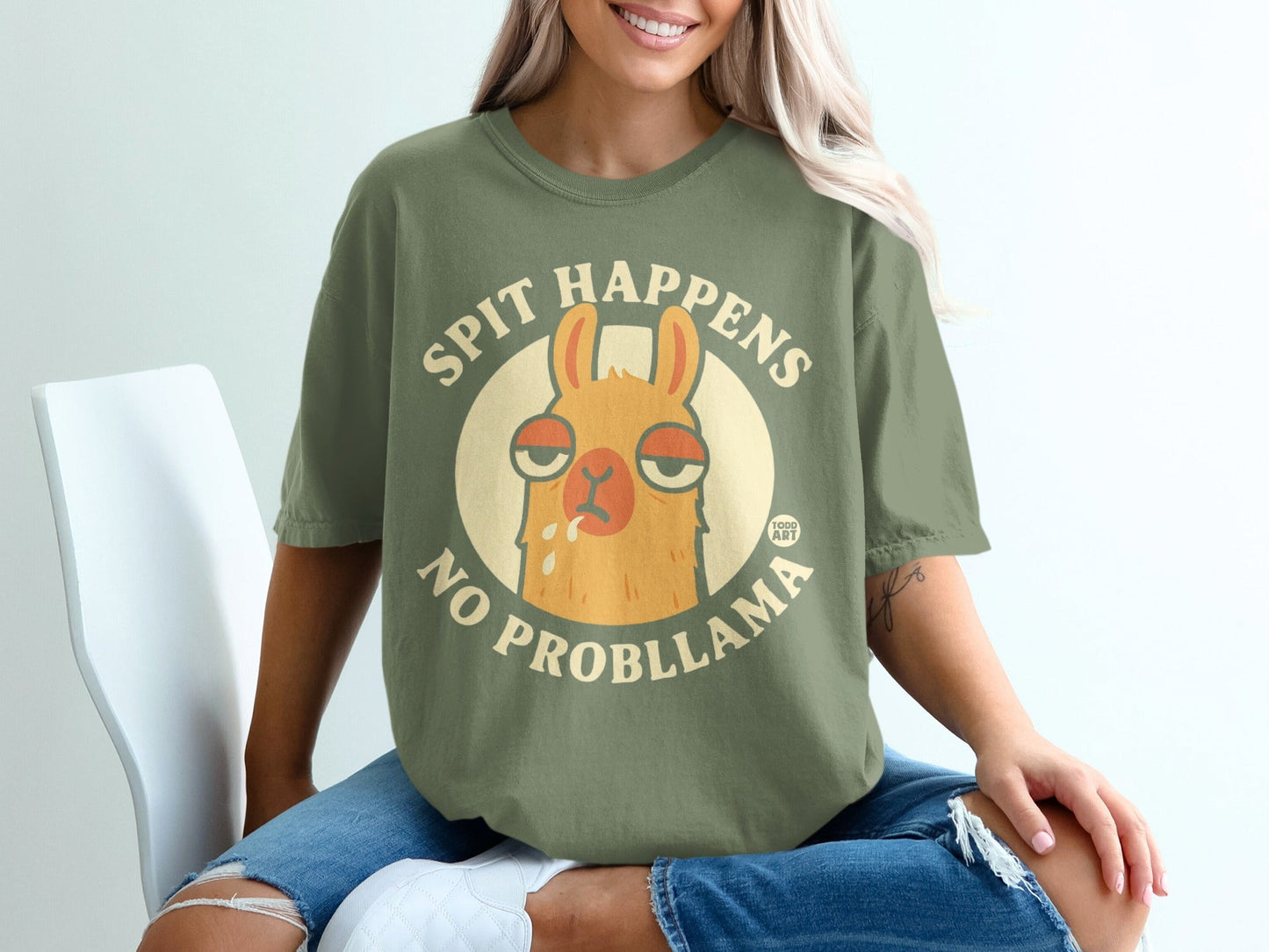 Spit Happens No Probllama Funny Cartoon Llama T-Shirt