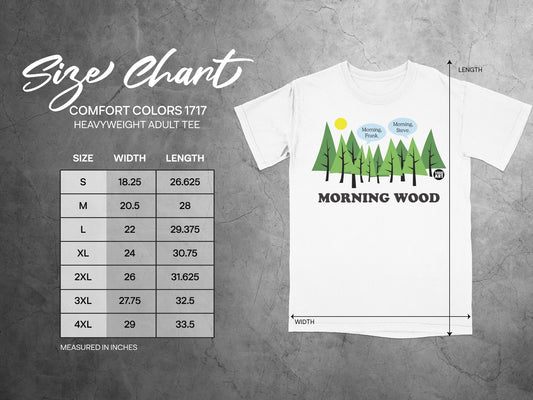Comfort Colors 1717 heavyweight adult tee size chart with dimensions and a graphic.
