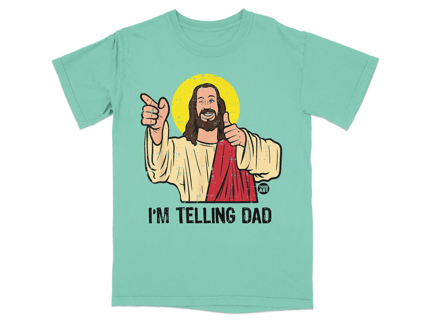 Jesus giving a thumbs up and pointing, wearing a teal t-shirt with "I'M TELLING DAD" text.