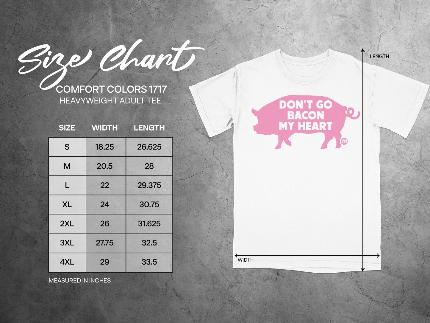 Comfort Colors 1717 size chart for heavyweight adult tee with shirt graphic.