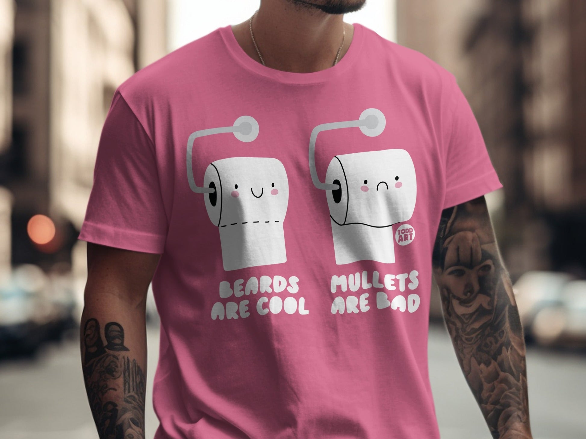 Two rolls of toilet paper, one happy, one sad, with text "BEARDS ARE COOL MULLETS ARE BAD".