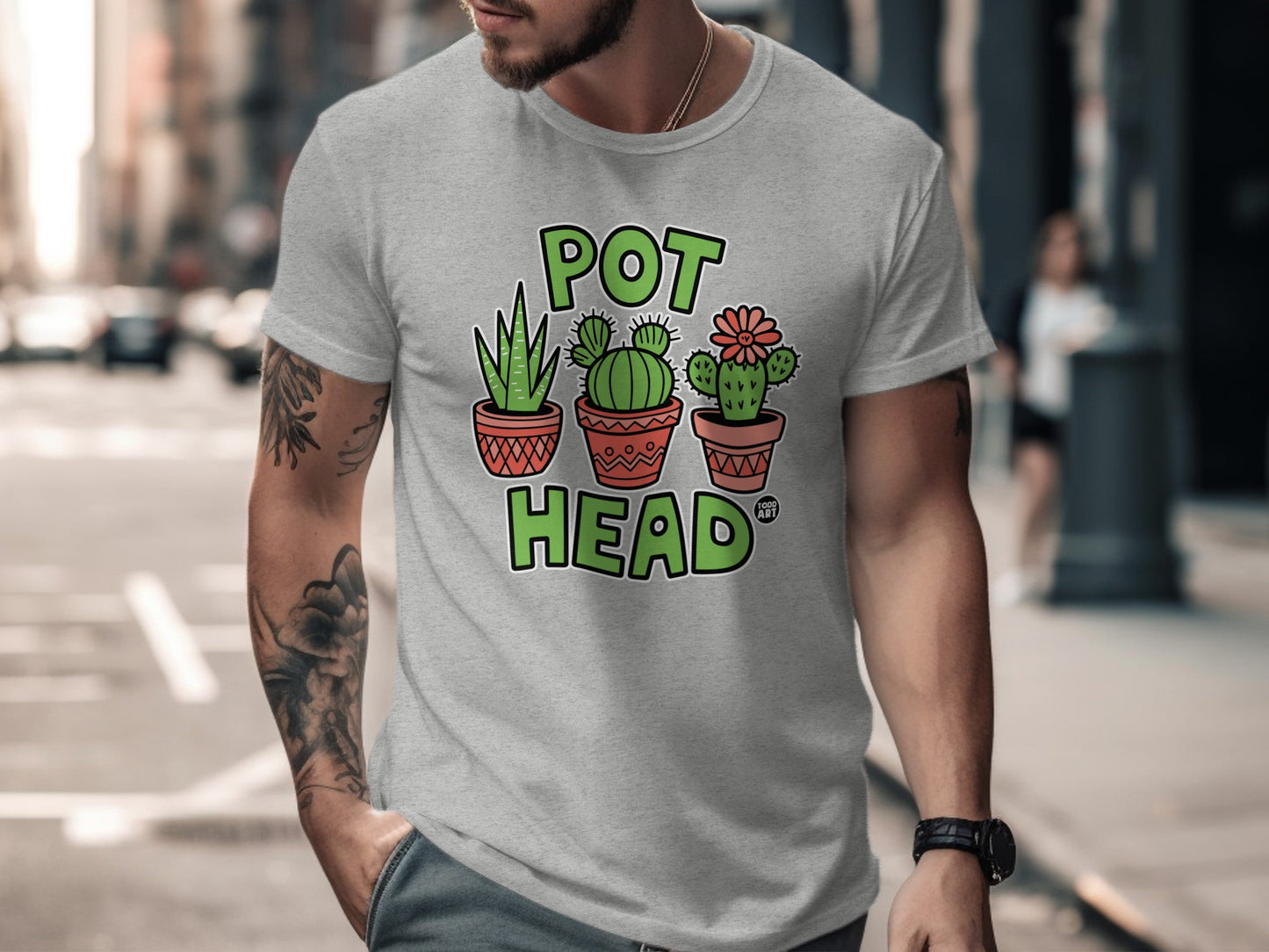 Funny Pot Head Cactus Graphic Design T-shirt