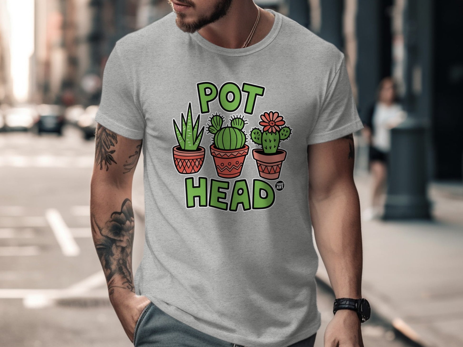 Funny Pot Head Cactus Graphic Design T-shirt