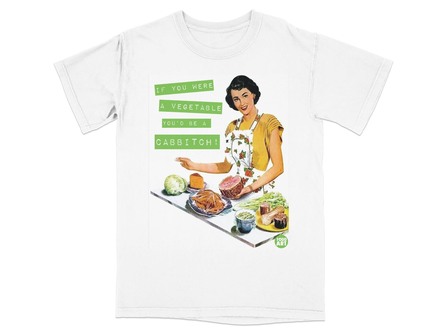 White t-shirt with vintage illustration of a woman holding food and text.