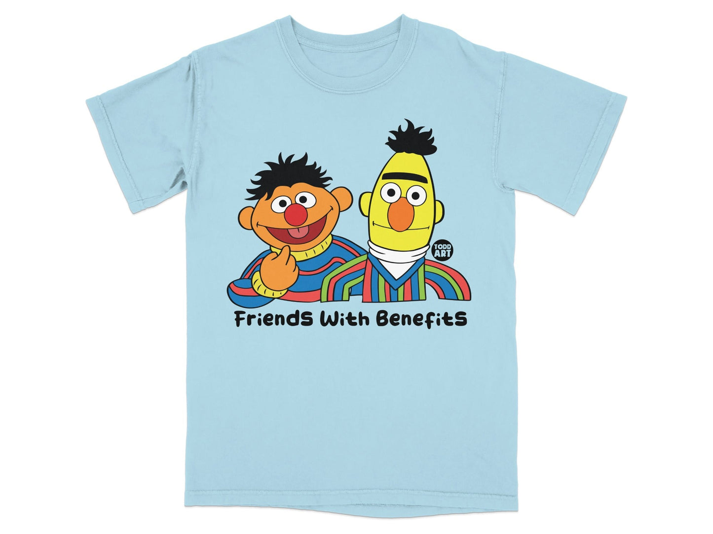 Bert and Ernie graphic t-shirt with "Friends With Benefits" text.