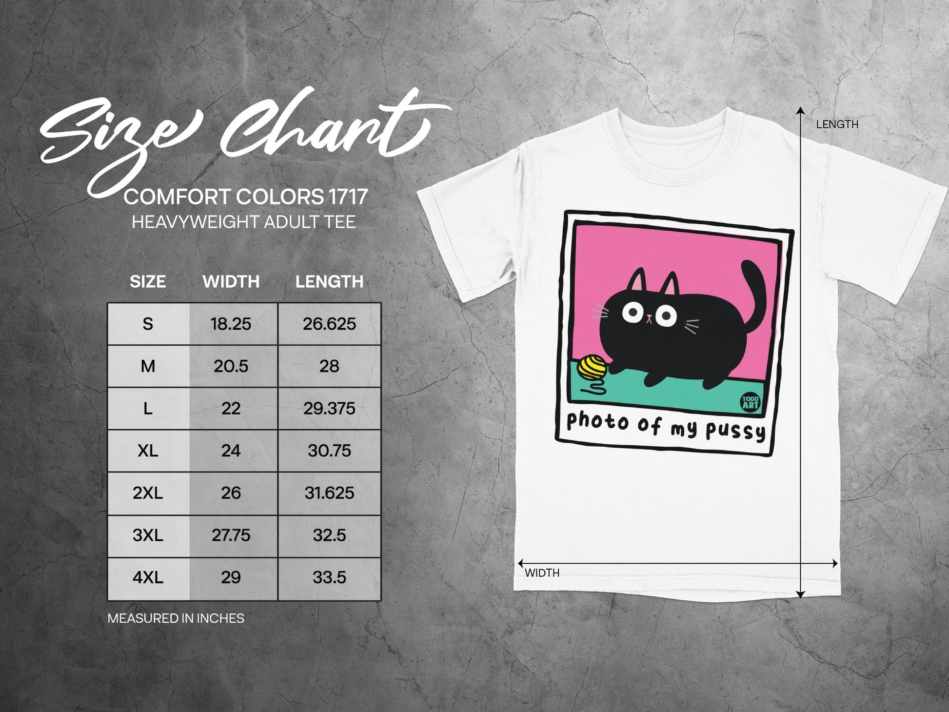 Size chart for Comfort Colors heavyweight adult tee with cat graphic.