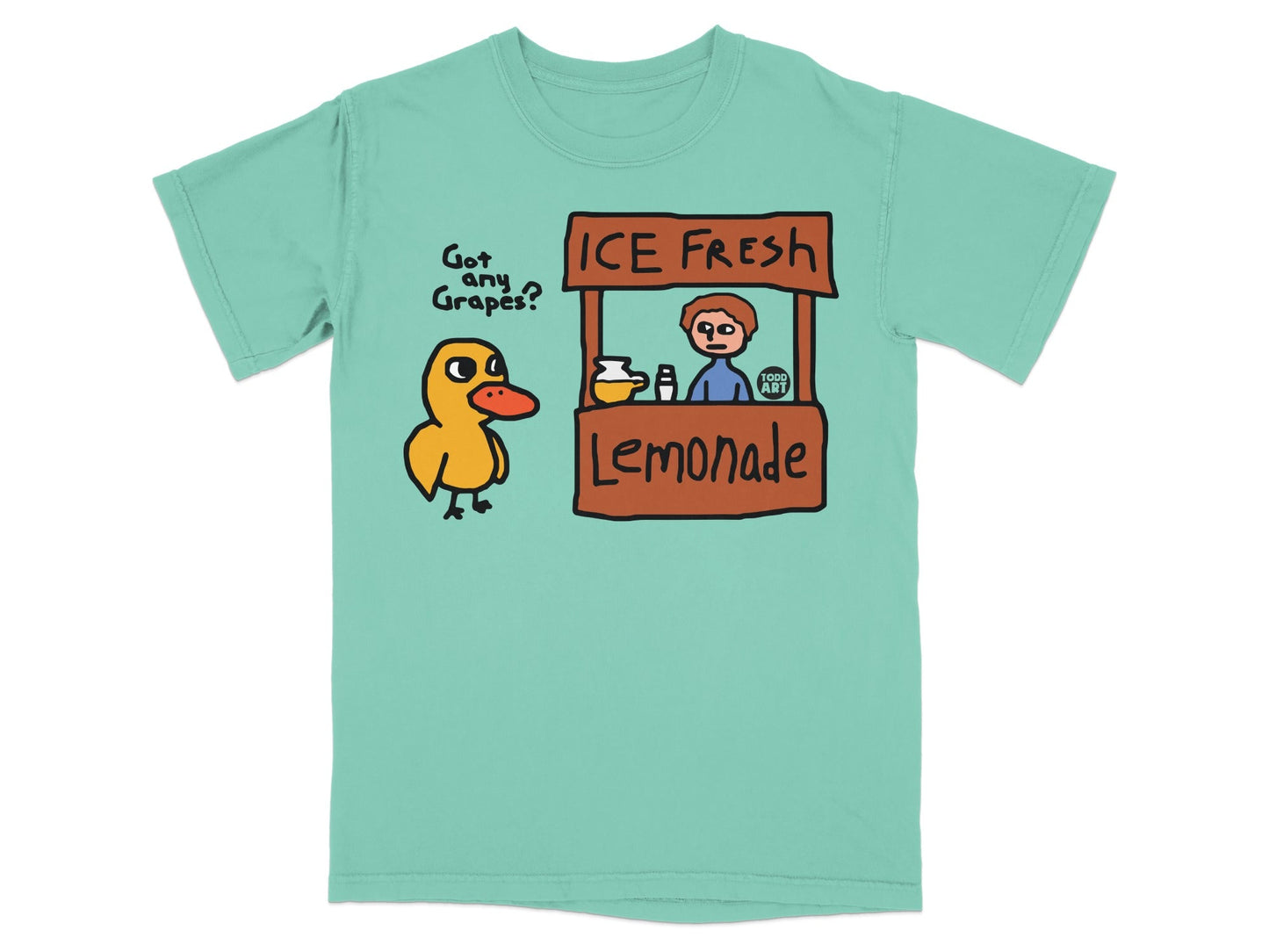 Duck at lemonade stand with "Got any grapes?" and "Ice Fresh Lemonade" text.