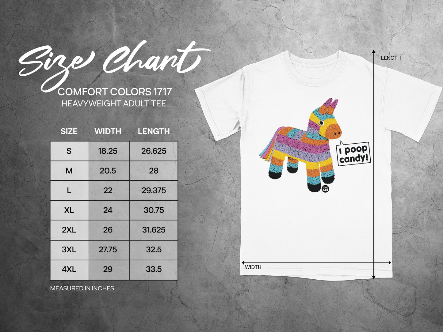 Comfort Colors 1717 heavyweight adult tee size chart with donkey pi√±ata.