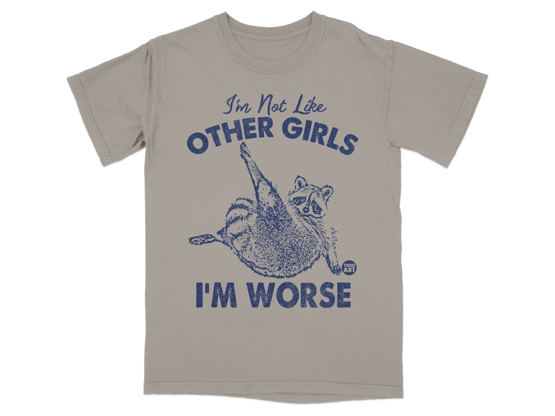 Gray t-shirt with raccoon graphic and text "I'm Not Like Other Girls, I'm Worse".