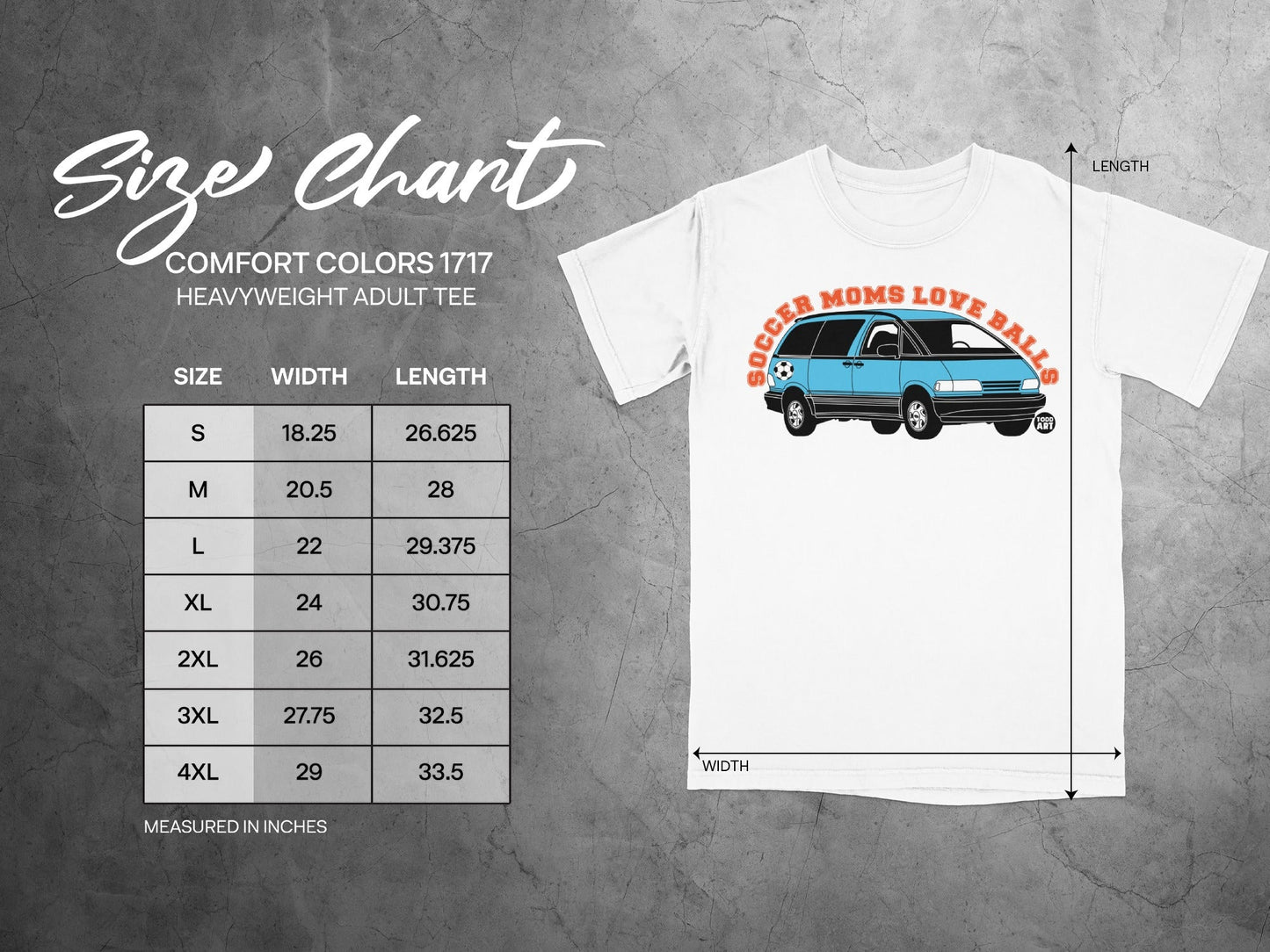 Size chart for Comfort Colors 1717 heavyweight adult tee, showing dimensions.