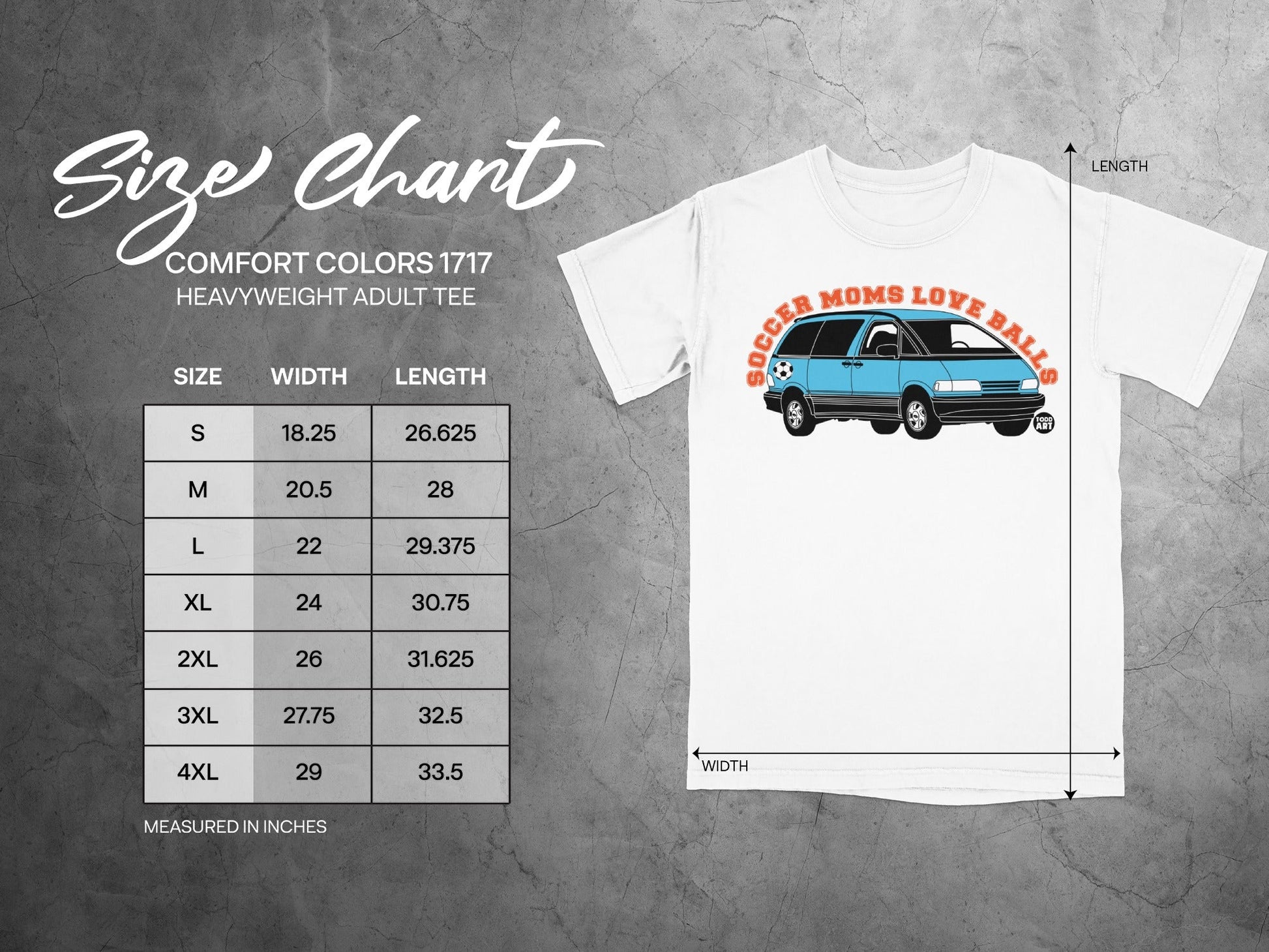 Size chart for Comfort Colors 1717 heavyweight adult tee, showing dimensions.