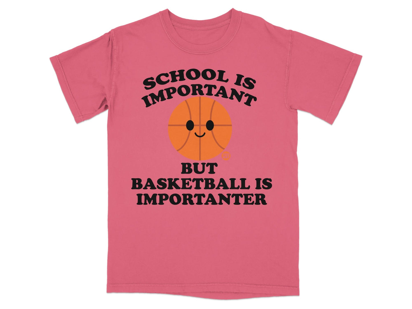 Pink t-shirt with cartoon basketball and text: School is Important But Basketball is Importanter.