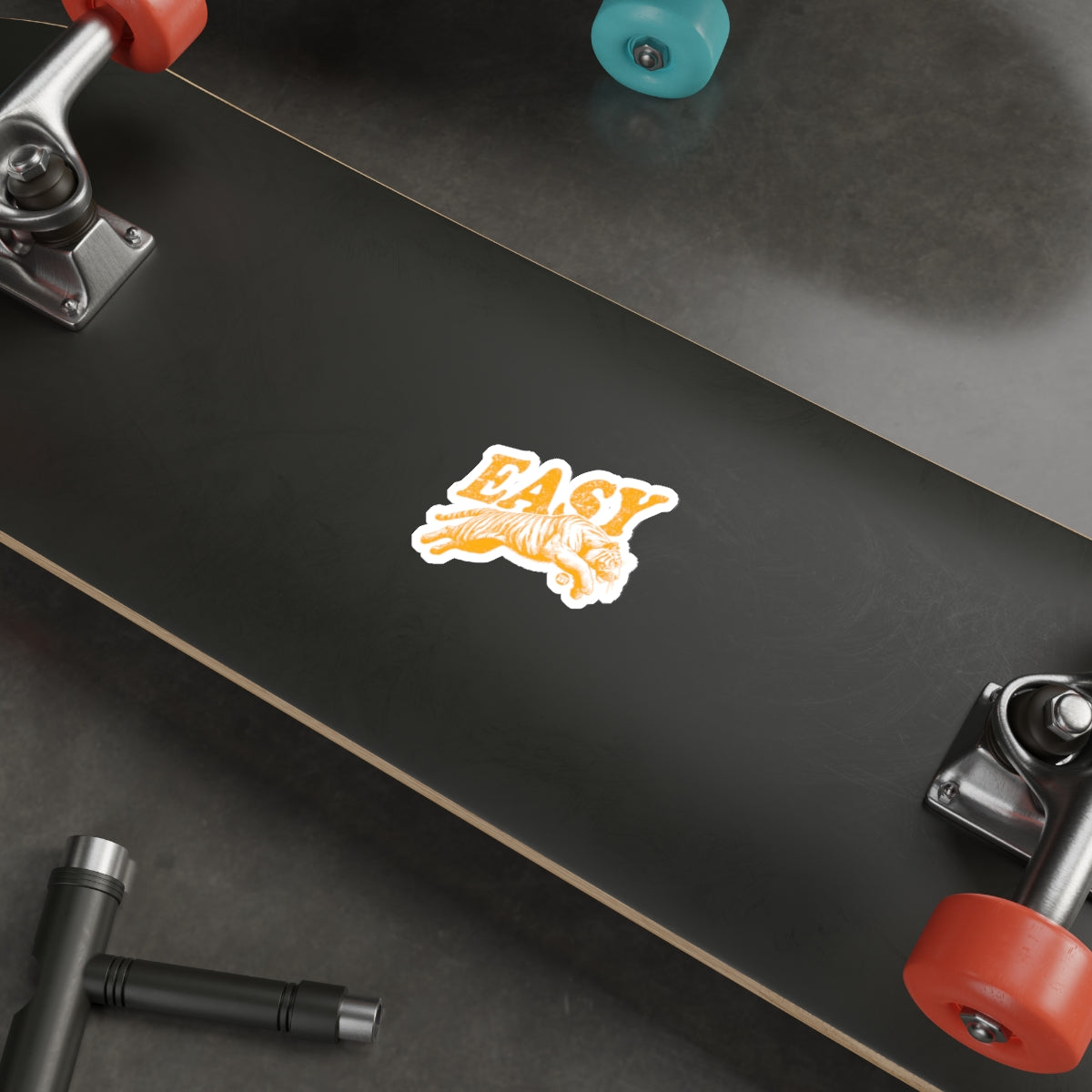 Easy Tiger Black Skateboard Deck With Orange Wheels