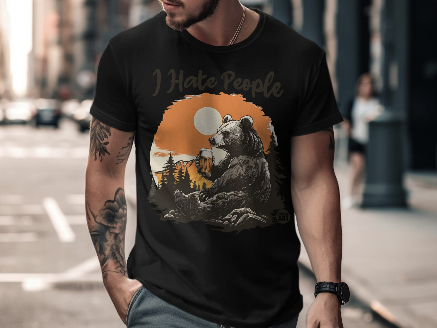 I Hate People Bear Drinking Beer Graphic Art T-shirt