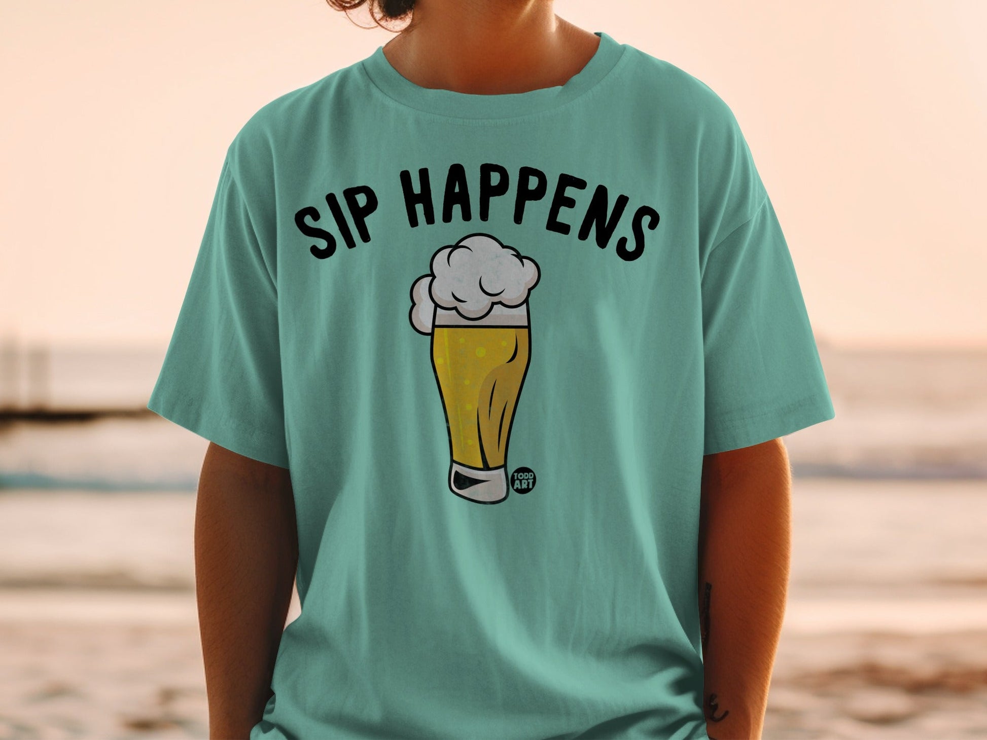 Sip Happens Graphic Printed T-Shirt with Beer Design
