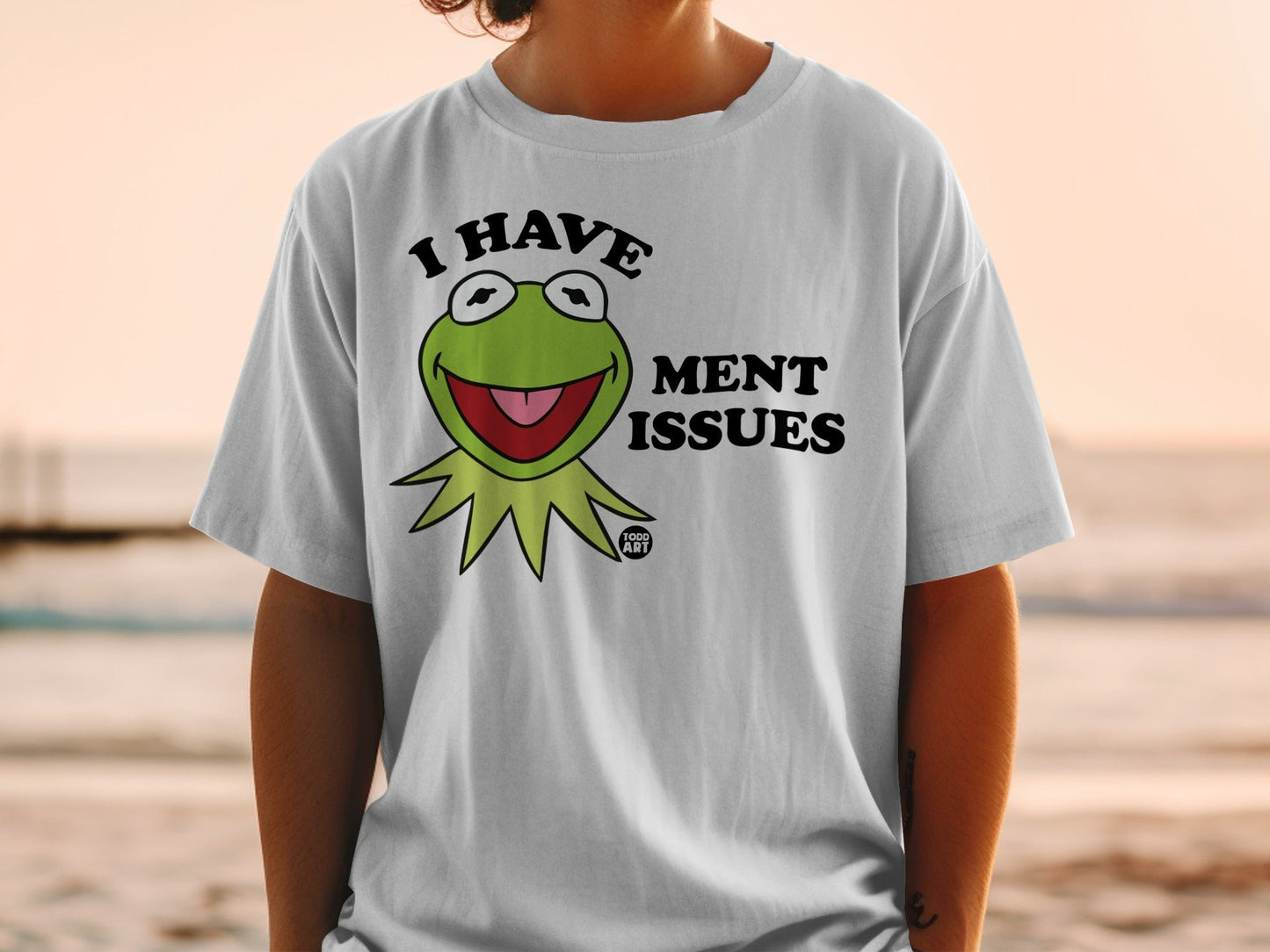 White t-shirt with Kermit the Frog's face and "I HAVE MENT ISSUES" text.