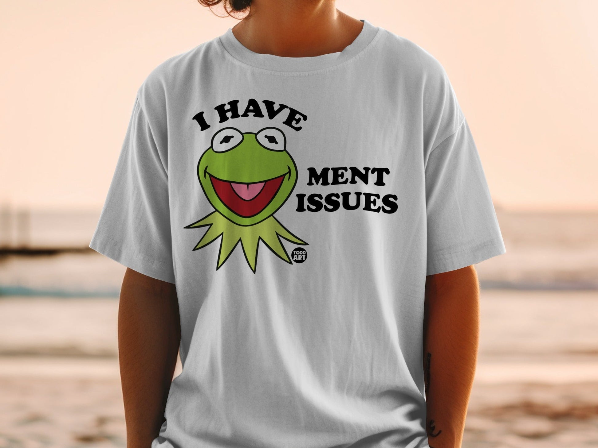 White t-shirt with Kermit the Frog's face and "I HAVE MENT ISSUES" text.