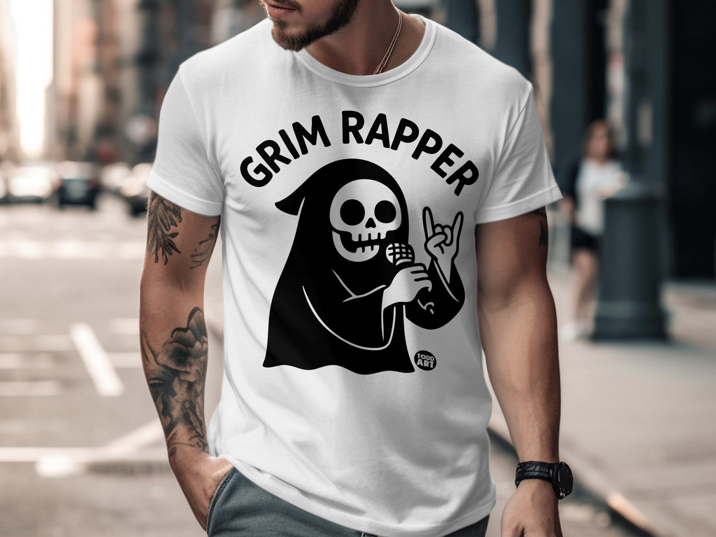 Grim Rapper Skeleton Funny Graphic T-Shirt
