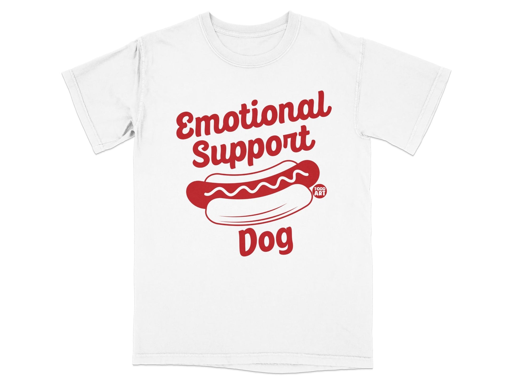White t-shirt with red text "Emotional Support Dog" and a hot dog graphic.