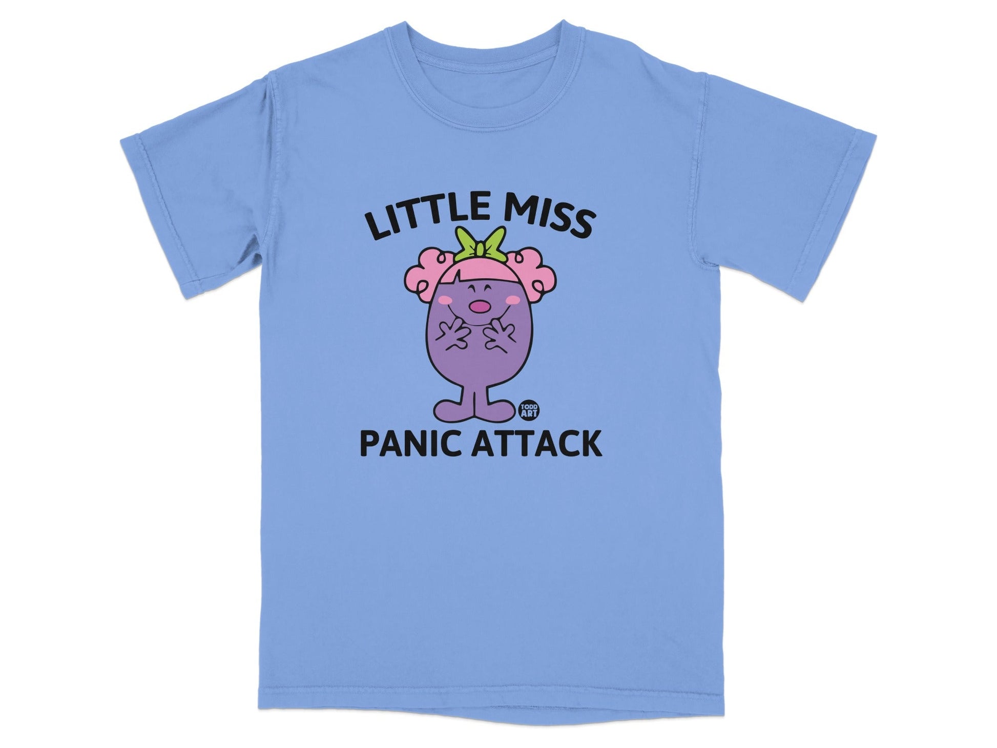Light blue t-shirt featuring a cartoon character with "Little Miss Panic Attack" text.