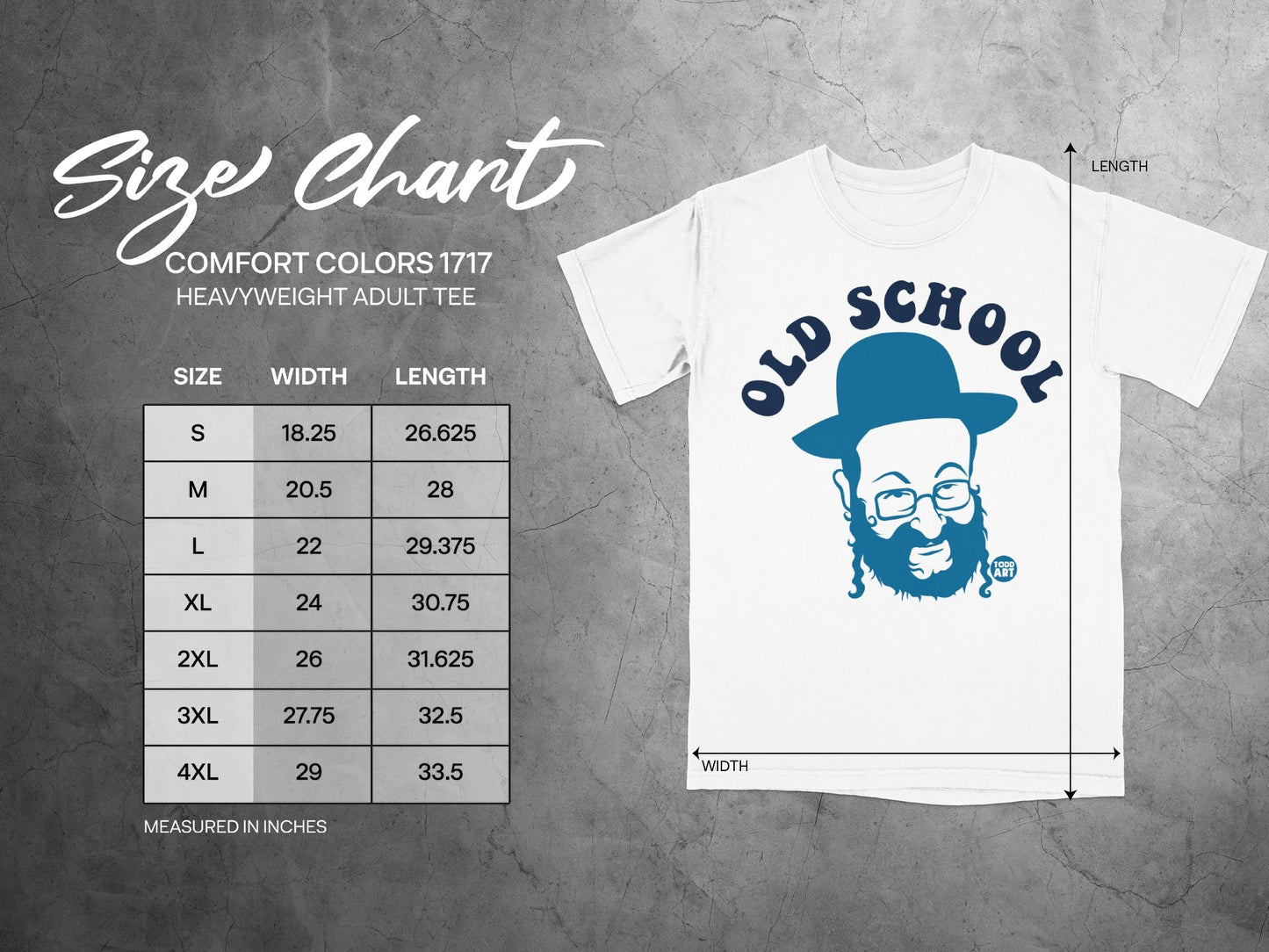 Size chart for Comfort Colors 1717 heavyweight adult tee.