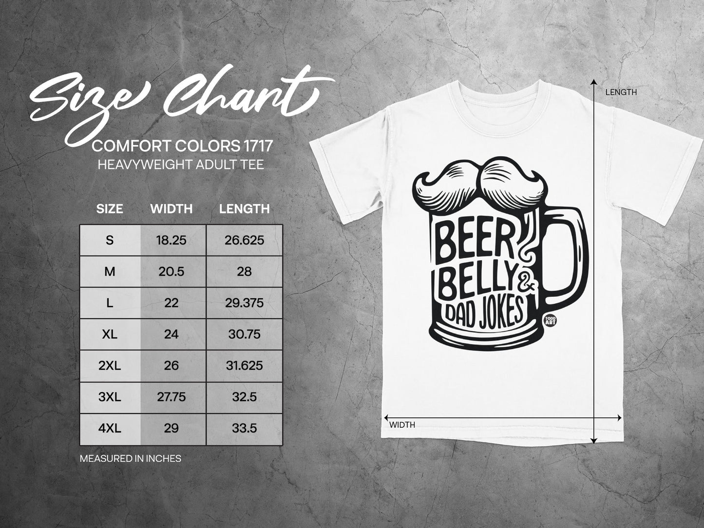 Size chart for Comfort Colors 1717 heavyweight adult tee with beer belly jokes graphic.