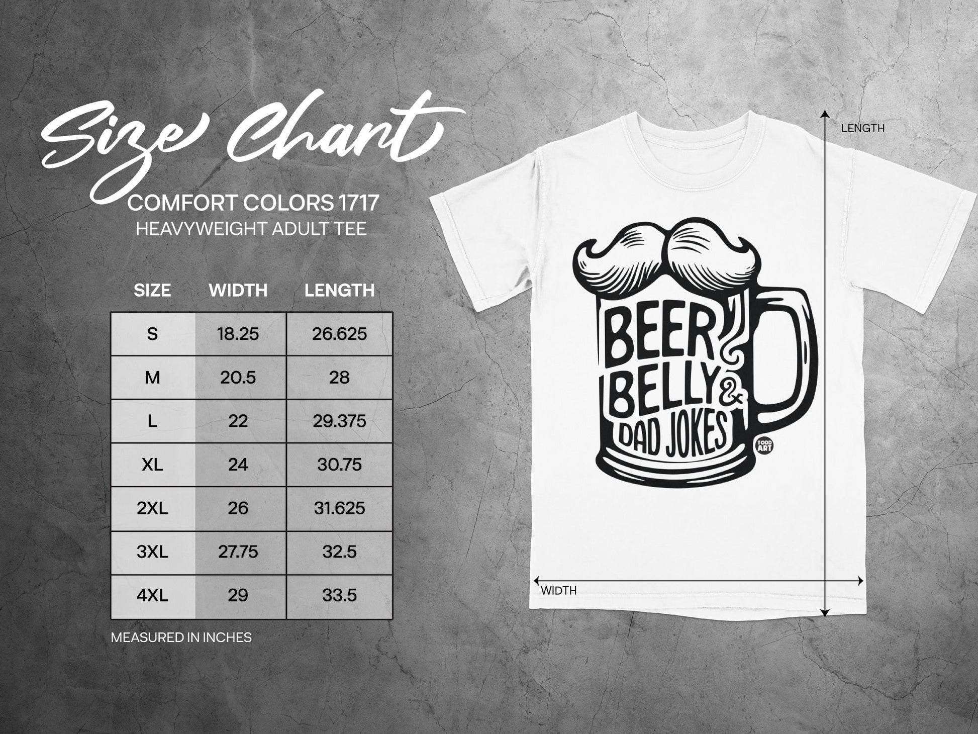 Size chart for Comfort Colors 1717 heavyweight adult tee with beer belly jokes graphic.