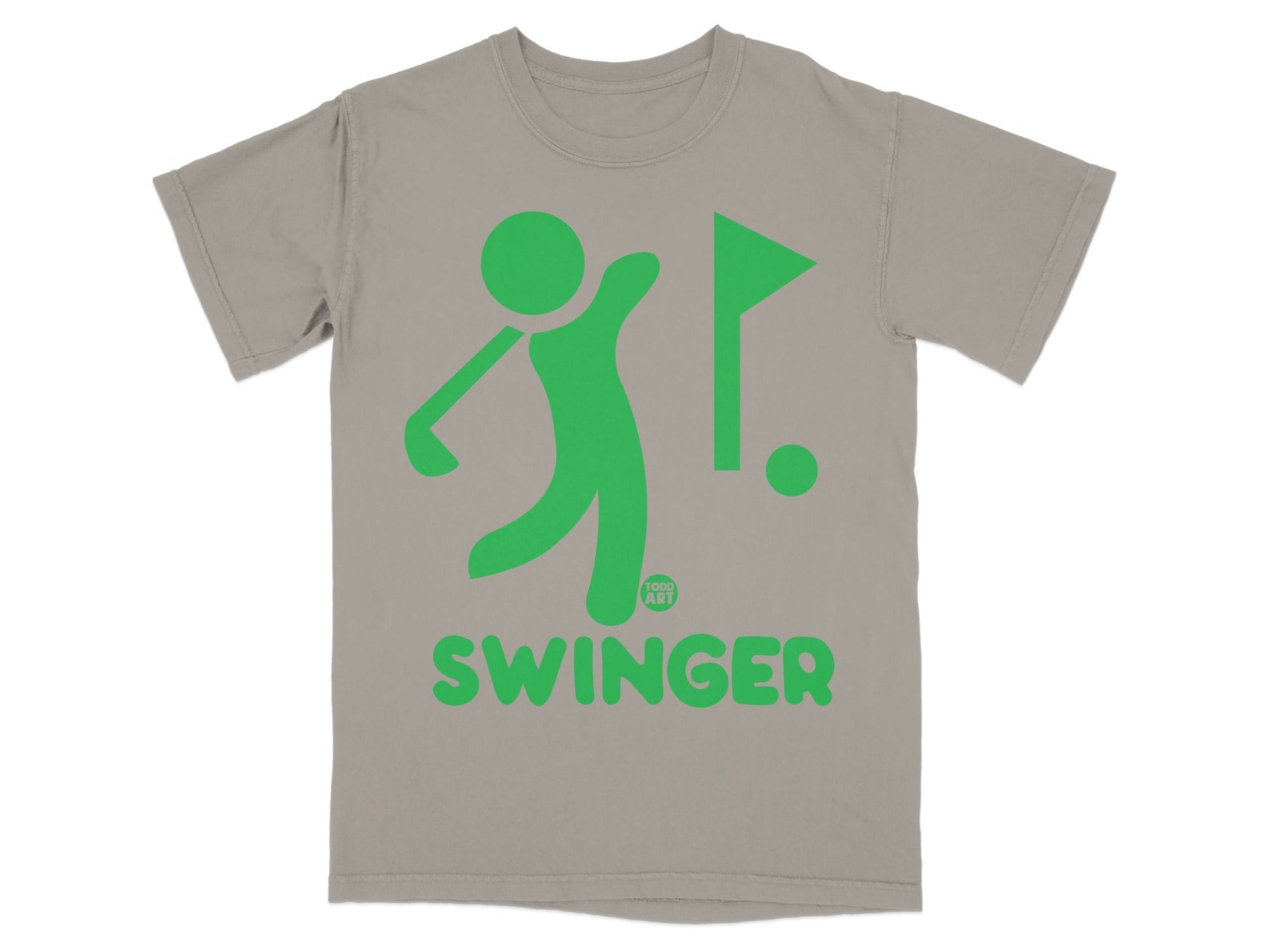 Green graphic of a golfer swinging next to a golf flag and ball, text reads SWINGER.