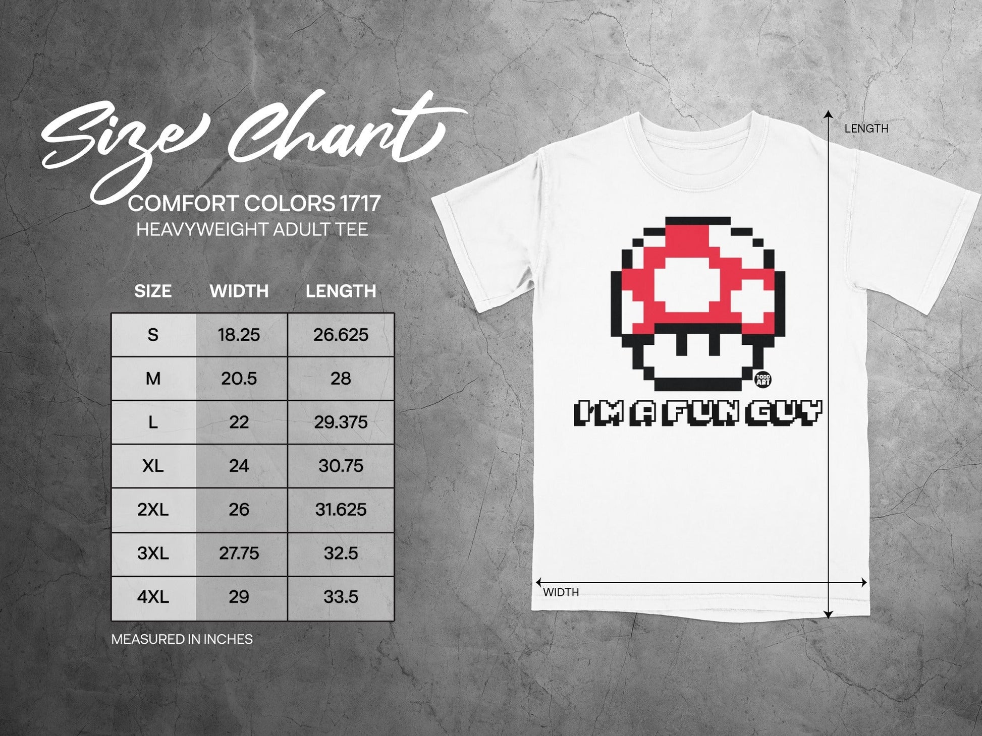 Comfort Colors 1717 heavyweight adult tee size chart with width and length measurements.