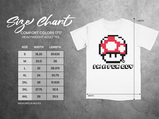 Comfort Colors 1717 heavyweight adult tee size chart with width and length measurements.