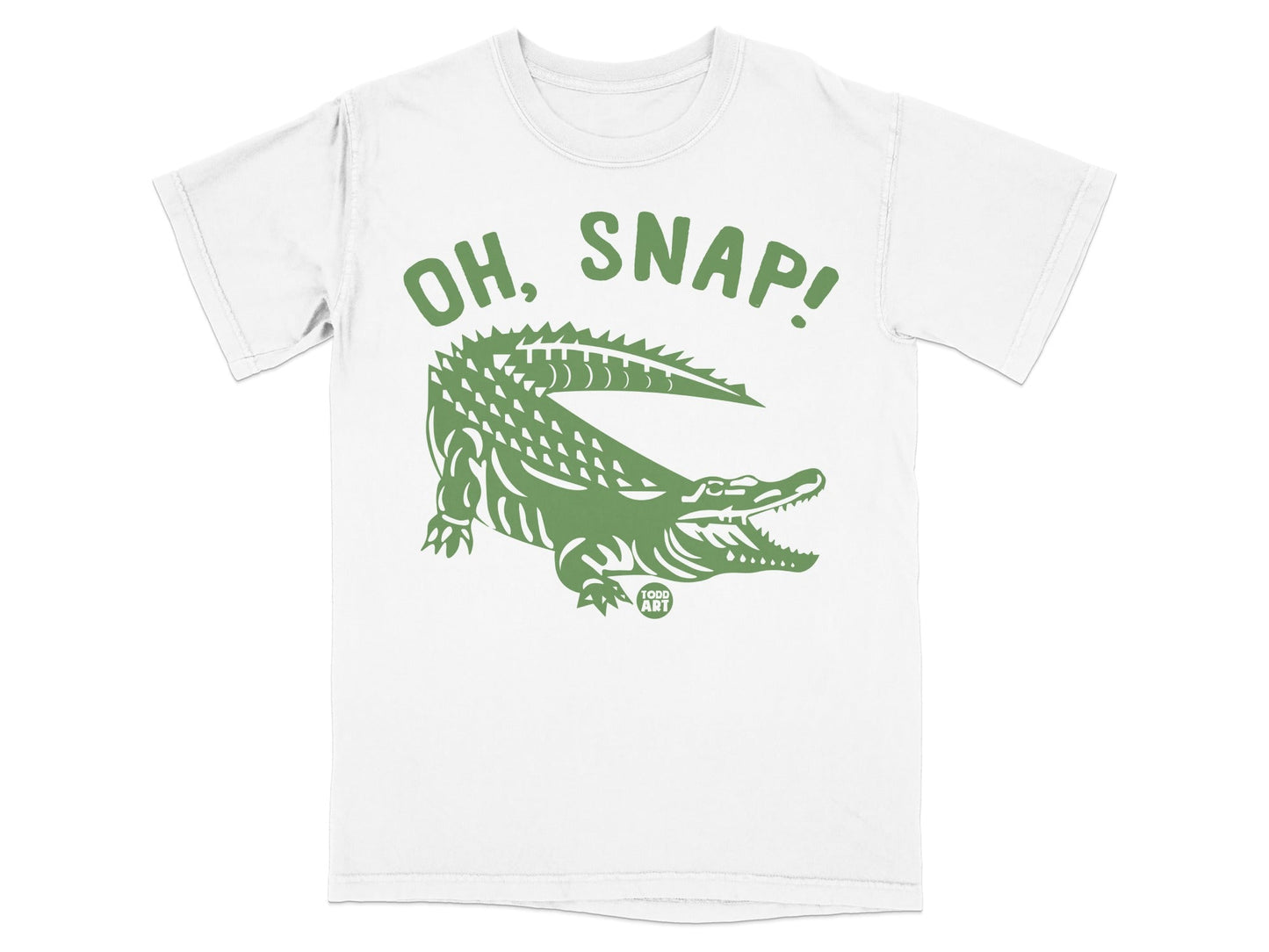 Green alligator with "OH, SNAP!" text on white t-shirt.