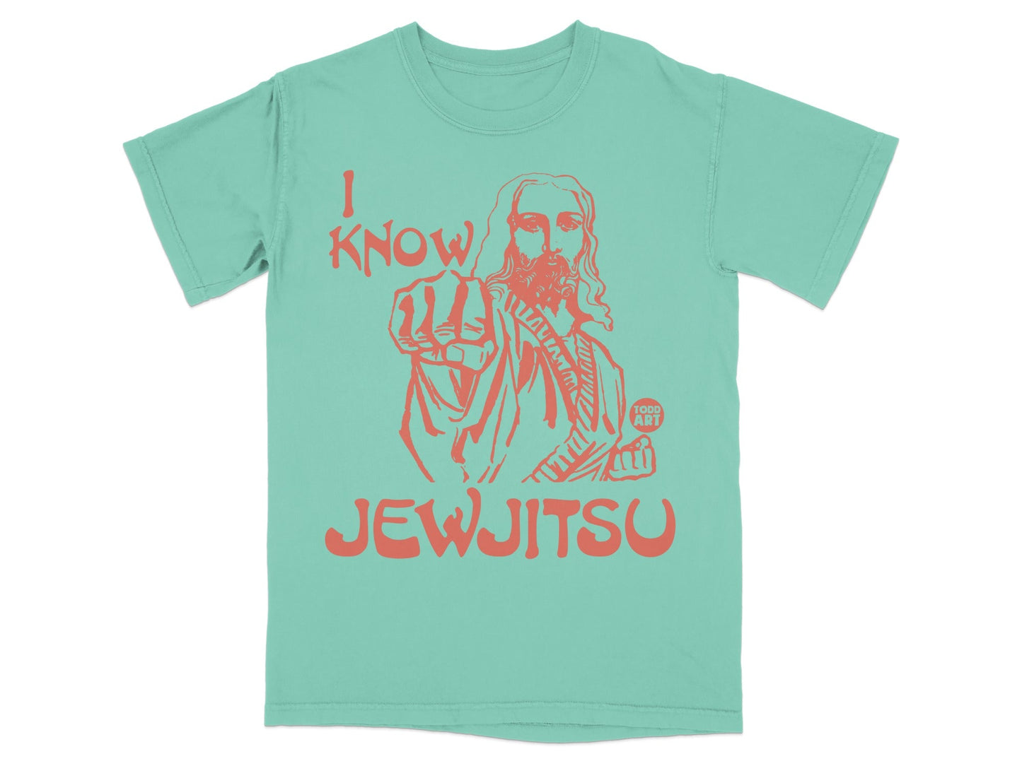 Mint t-shirt with "I KNOW JEWJITSU" and Jesus pointing.