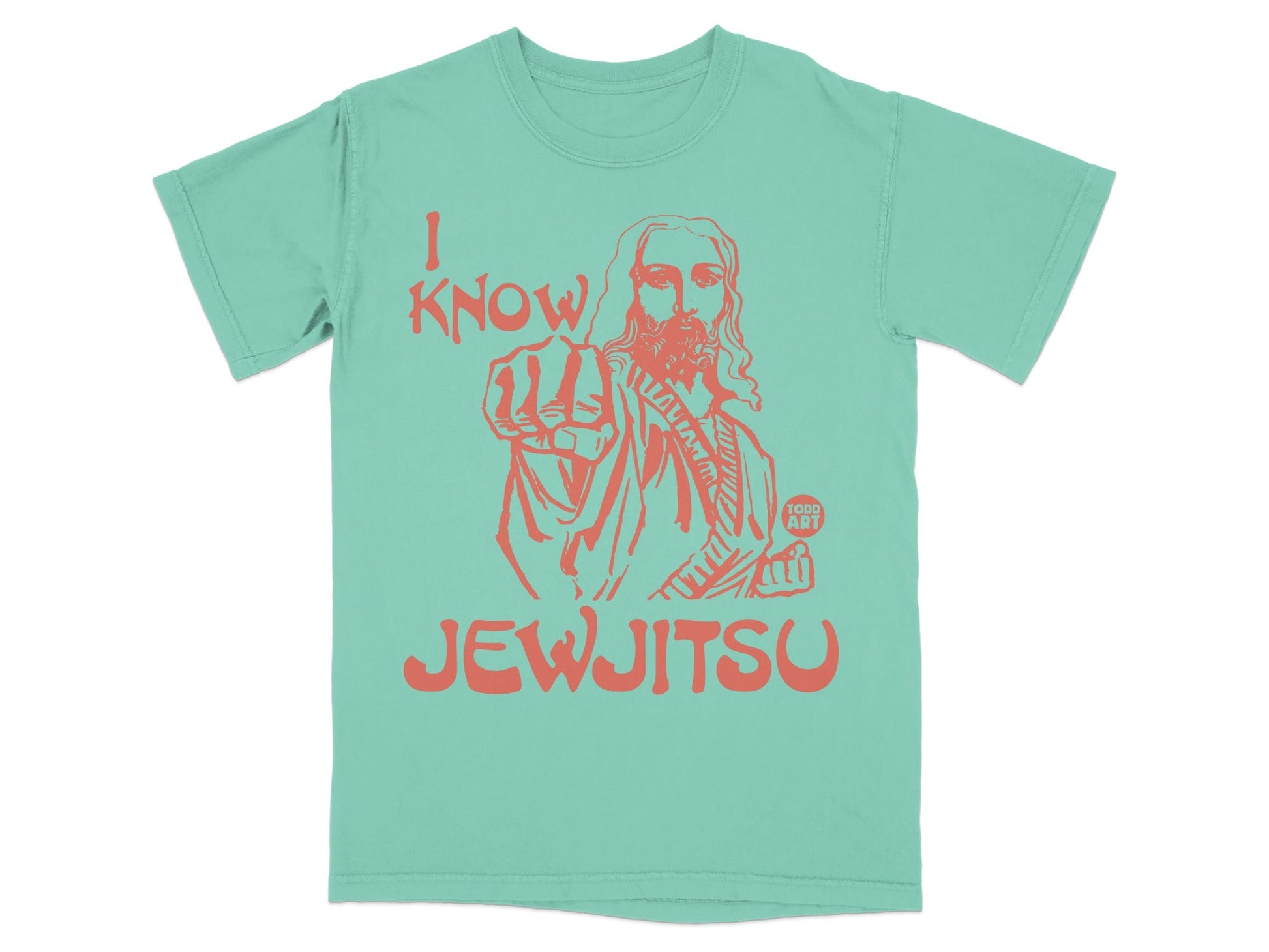 Mint t-shirt with "I KNOW JEWJITSU" and Jesus pointing.